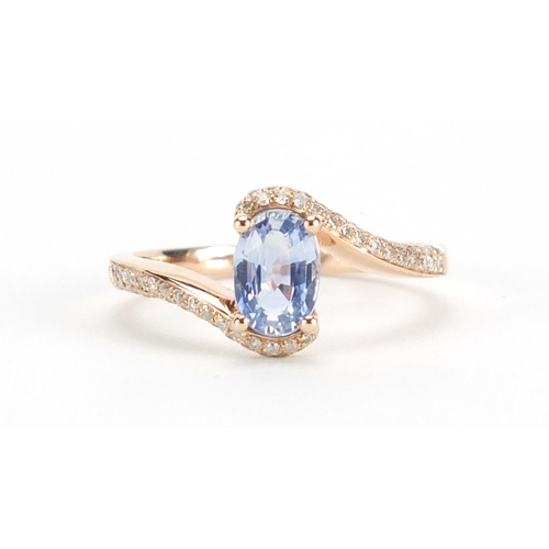 608 - 14ct rose gold sapphire and diamond crossover ring, size L, approximate weight 2.4g