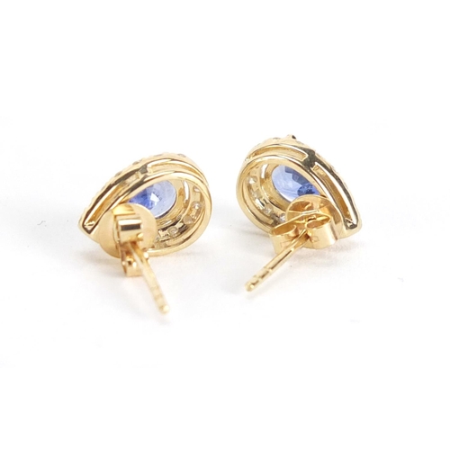 587 - Pair of 14ct gold sapphire and diamond tear drop earrings, 1cm in length, approximate weight 1.6g