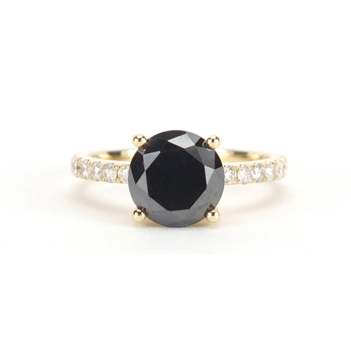 605 - 14ct gold black diamond solitaire ring (over 2.00ct) with diamond set shoulders, size L, approximate... 