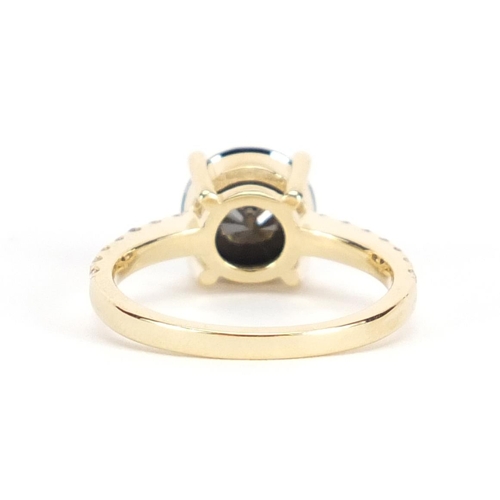 605 - 14ct gold black diamond solitaire ring (over 2.00ct) with diamond set shoulders, size L, approximate... 
