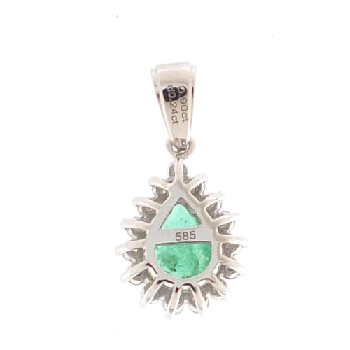 651 - 14ct white gold emerald and diamond tear drop pendant, 2cm in length, approximate weight 1.4g