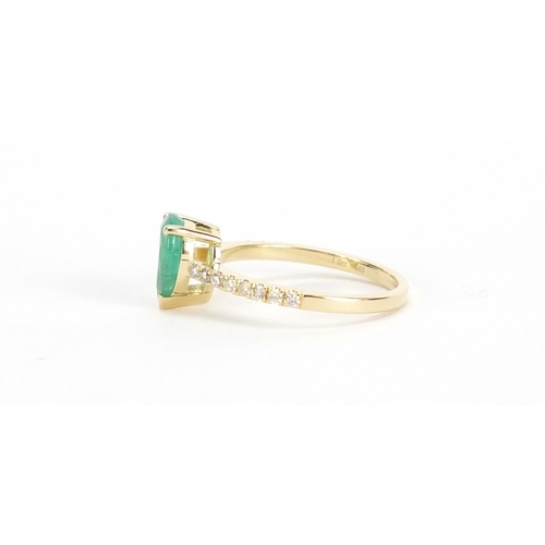 641 - 14ct gold emerald and diamond tear drop ring, size L, approximate weight 2.1g