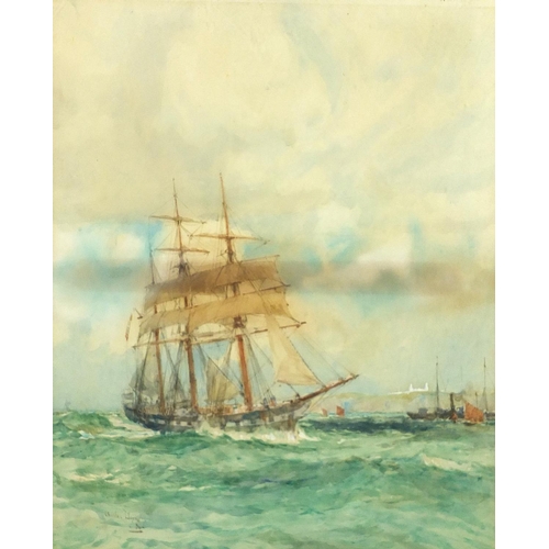 753 - Charles Edward Dixon - Sailing ship and steam tug at sea, watercolour, label verso, mounted and fram... 