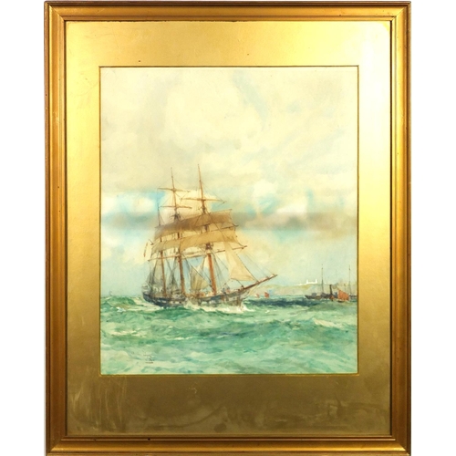 753 - Charles Edward Dixon - Sailing ship and steam tug at sea, watercolour, label verso, mounted and fram... 