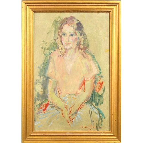 771 - After Robin Darwin - Portrait of a seated female, oil on card, framed, 44cm x 29cm