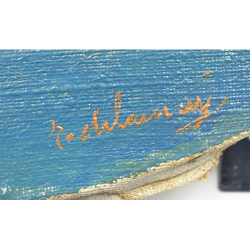 881 - Abstract composition, oval oil on canvas, bearing a signature Delulauney, unframed, 65cm x 56cm