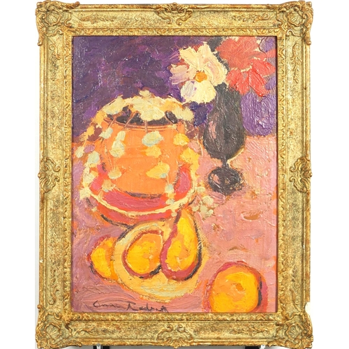 799 - After Anne Redpath - Still life items on a table, oil on board, framed, 39.5cm x 29.5cm