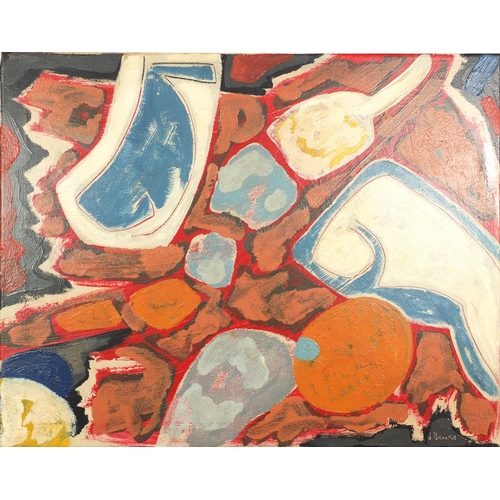 903 - Abstract composition, oil on canvas, bearing a signature possibly J Brooks and inscription verso, un... 