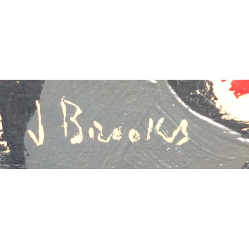 903 - Abstract composition, oil on canvas, bearing a signature possibly J Brooks and inscription verso, un... 