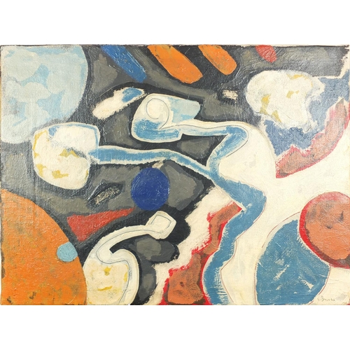 904 - Abstract composition, oil on canvas, bearing a signature possibly J Brooks and inscription verso, un... 