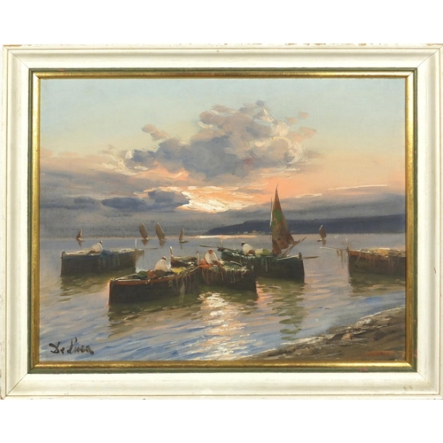 862 - De Luca - Fishermen in boats, oil on canvas, framed, 49.5cm x 39.5cm