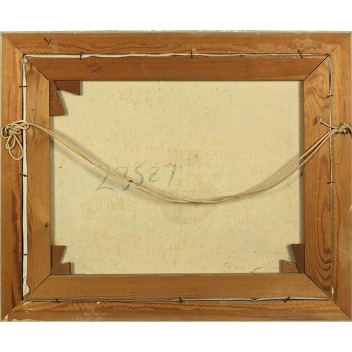 862 - De Luca - Fishermen in boats, oil on canvas, framed, 49.5cm x 39.5cm