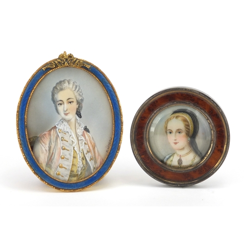 22 - Two portrait miniatures of young females including one housed in a blue guilloche enamelled easel fr... 