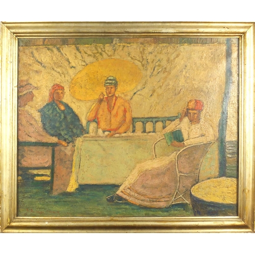 754 - Manner of Ambrose McEvoy - Ladies in a garden, post impressionist oil on canvas, framed, 65cm x 53cm