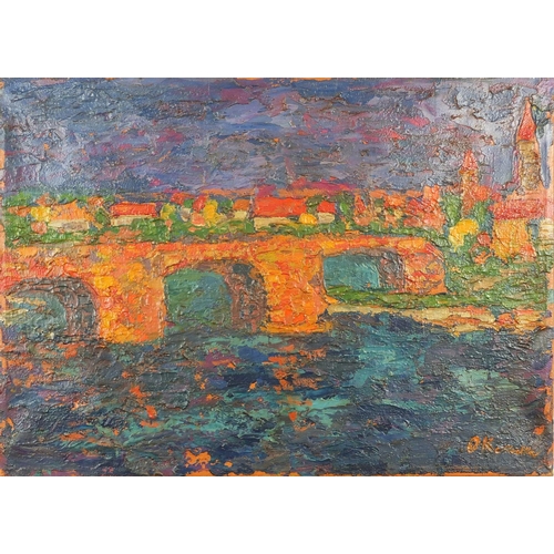 908 - Bridge over water, continental school impasto oil on canvas, bearing an indistinct signature  O Ko..... 