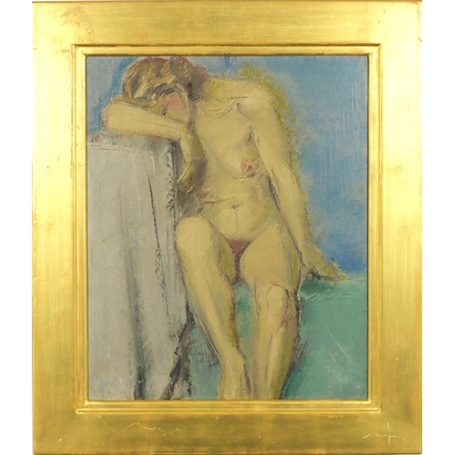 790 - Henri Pinguenet - Seated nude female, oil on board, inscribed verso, framed, 46cm x 37.5cm