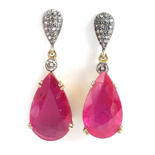 600 - Pair of 14ct gold ruby and diamond tear drop earrings, 3.5cm in length, approximate weight 7.5g
