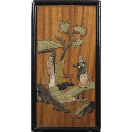 330B - Pair of Chinese hardwood and soapstone panels, each depicting figures, each with Yai Loong labels ve... 