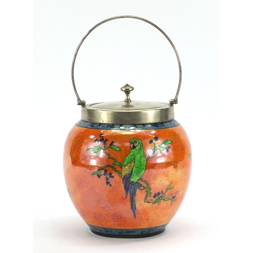 464 - Carlton Ware orange lustre ginger jar with silver plated mounts, hand painted in the parrot pattern,... 