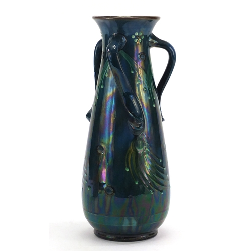 474 - C H Branham pottery vase with three handles, retailed by Liberty & Co, 30cm high