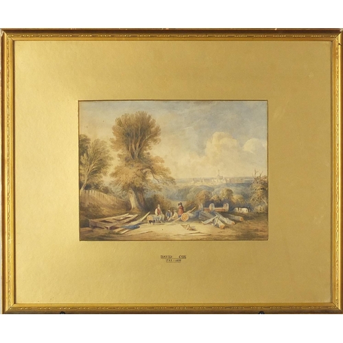 832 - David Cox - Figures before a landscape, 19th century watercolour, label verso, mounted and framed, 2... 