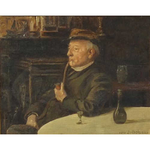 873 - Jeremie Delsaux - Man smoking a pipe in an interior, 19th century oil on wood panel, 21.5cm x 17.5cm