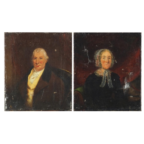 864 - Male and female in formal, top half portraits, pair of Georgian oil on canvases, unframed, each 35cm... 