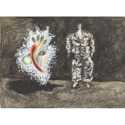 866 - Surreal portrait of a man and a mythical animal, mixed media on paper, bearing an inscription Ally T... 