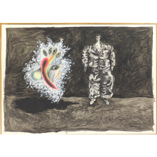 866 - Surreal portrait of a man and a mythical animal, mixed media on paper, bearing an inscription Ally T... 