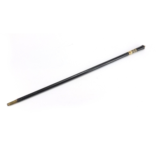 86 - Indian ebonised sword stick with carved bone section and steel blade, 91.5cm in length