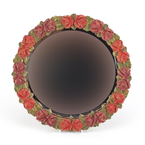 2172 - Circular barbola wall hanging mirror with bevelled glass, hand painted with flowers, 41cm in diamete... 