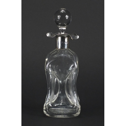 2342 - Victorian hour glass decanter with silver collar, indistinct makers mark Sheffield 1899, 23cm high