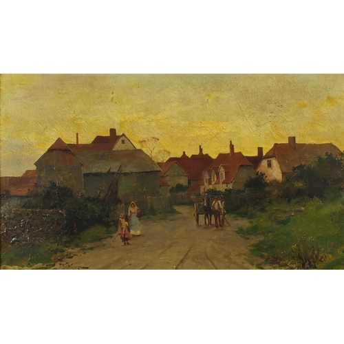 896 - Will Anderson - Figures leaving town, 19th century oil on canvas, inscribed verso, mounted and frame... 