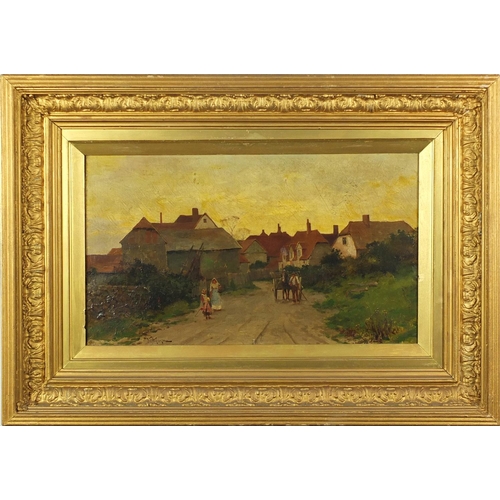 896 - Will Anderson - Figures leaving town, 19th century oil on canvas, inscribed verso, mounted and frame... 