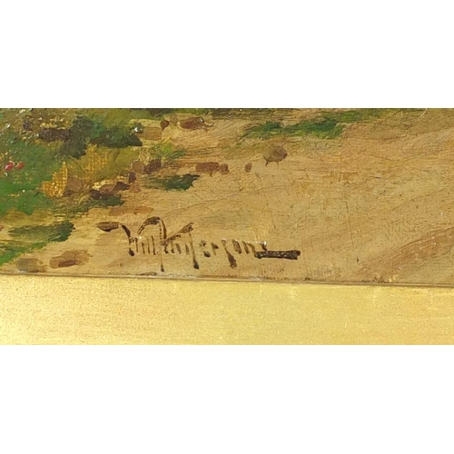 896 - Will Anderson - Figures leaving town, 19th century oil on canvas, inscribed verso, mounted and frame... 