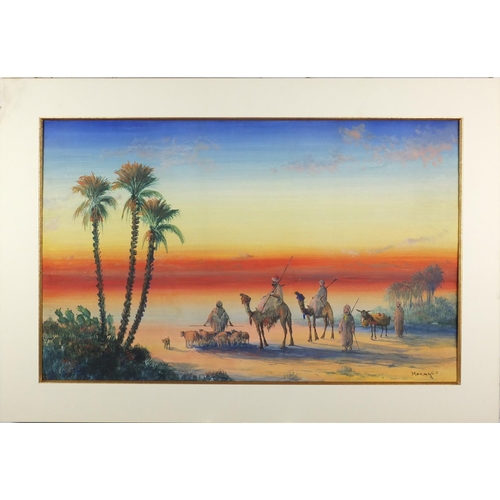 841 - Vincent Manago - Arabs in a desert, watercolour, mounted unframed, 67cm x 41cm