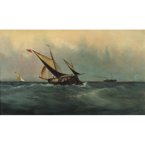 849 - Attributed to Frederick William Meyer - Boats on choppy seas, maritime interest oil on board, inscri... 