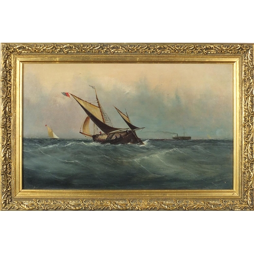849 - Attributed to Frederick William Meyer - Boats on choppy seas, maritime interest oil on board, inscri... 