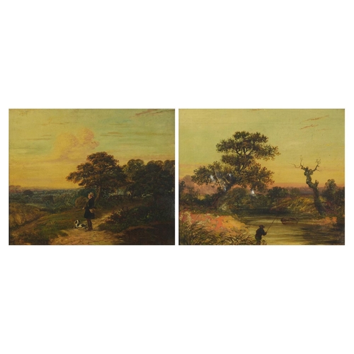 913 - Pastoral scenes with a man with a huntsman and hound, pair of 19th century oil on canvases, framed, ... 