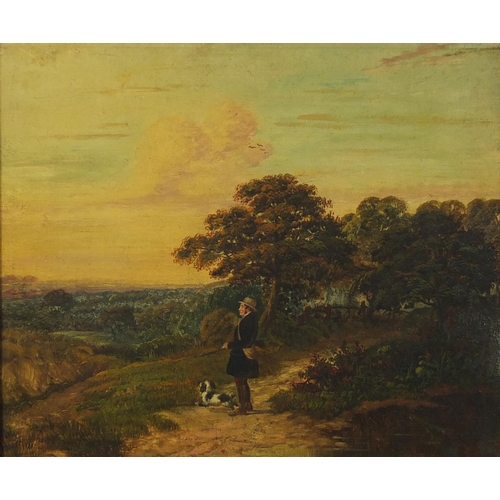 913 - Pastoral scenes with a man with a huntsman and hound, pair of 19th century oil on canvases, framed, ... 