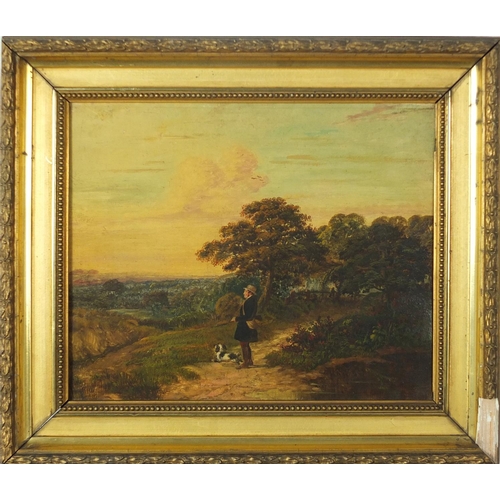 913 - Pastoral scenes with a man with a huntsman and hound, pair of 19th century oil on canvases, framed, ... 