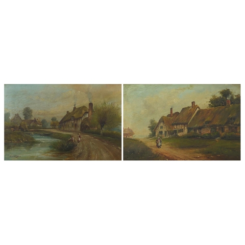 888 - J W Humby - Figures before cottages, pair of Edwardian oil on canvases, each 60cm x 40cm