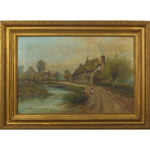 888 - J W Humby - Figures before cottages, pair of Edwardian oil on canvases, each 60cm x 40cm