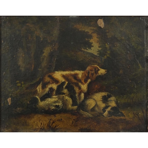 755 - Three hounds and figure with horses, 19th century double sided oil on card, framed, 18cm x 14cm