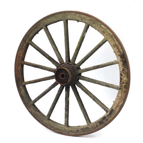 190 - Antique wooden and metal bound cartwheel, approximate 120cm in diameter