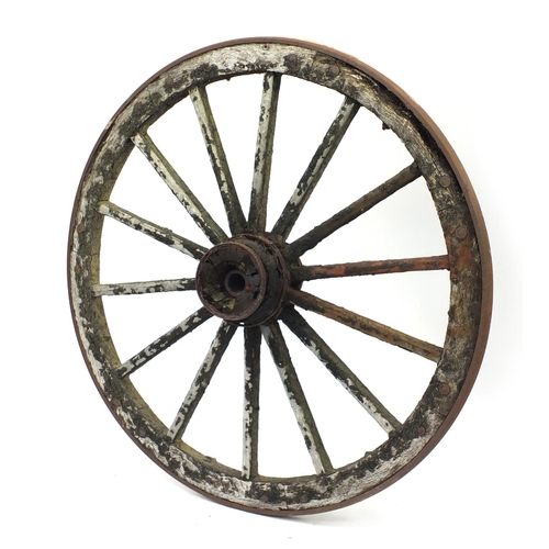 190 - Antique wooden and metal bound cartwheel, approximate 120cm in diameter