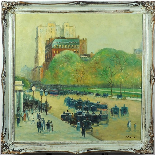260 - French impressionist, street scene, oil on board, bearing an indistinct signature, framed, 50cm x 50... 
