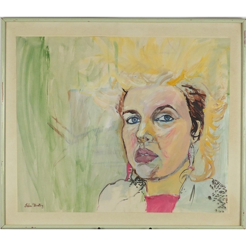 2222 - After John Bratby - Head and shoulders portrait of a female, watercolour on card, framed, 55cm x 46c... 