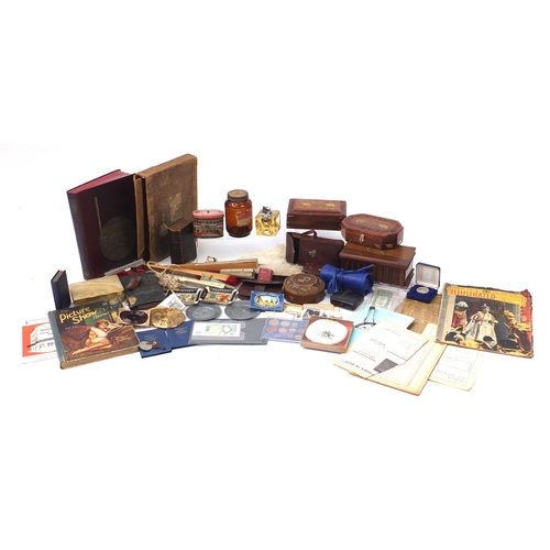 838 - Sundry items including fans, wooden jewellery boxes, ephemera, tins and coins