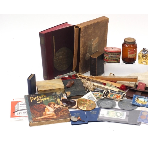 838 - Sundry items including fans, wooden jewellery boxes, ephemera, tins and coins